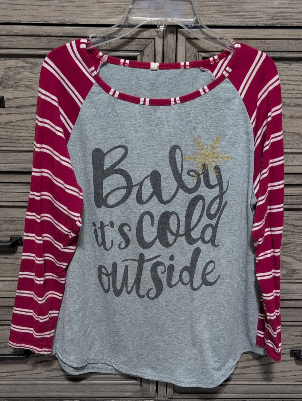 Women's Long Sleeve Raglan Tee - Red and White Candycane Stripe Sleeves